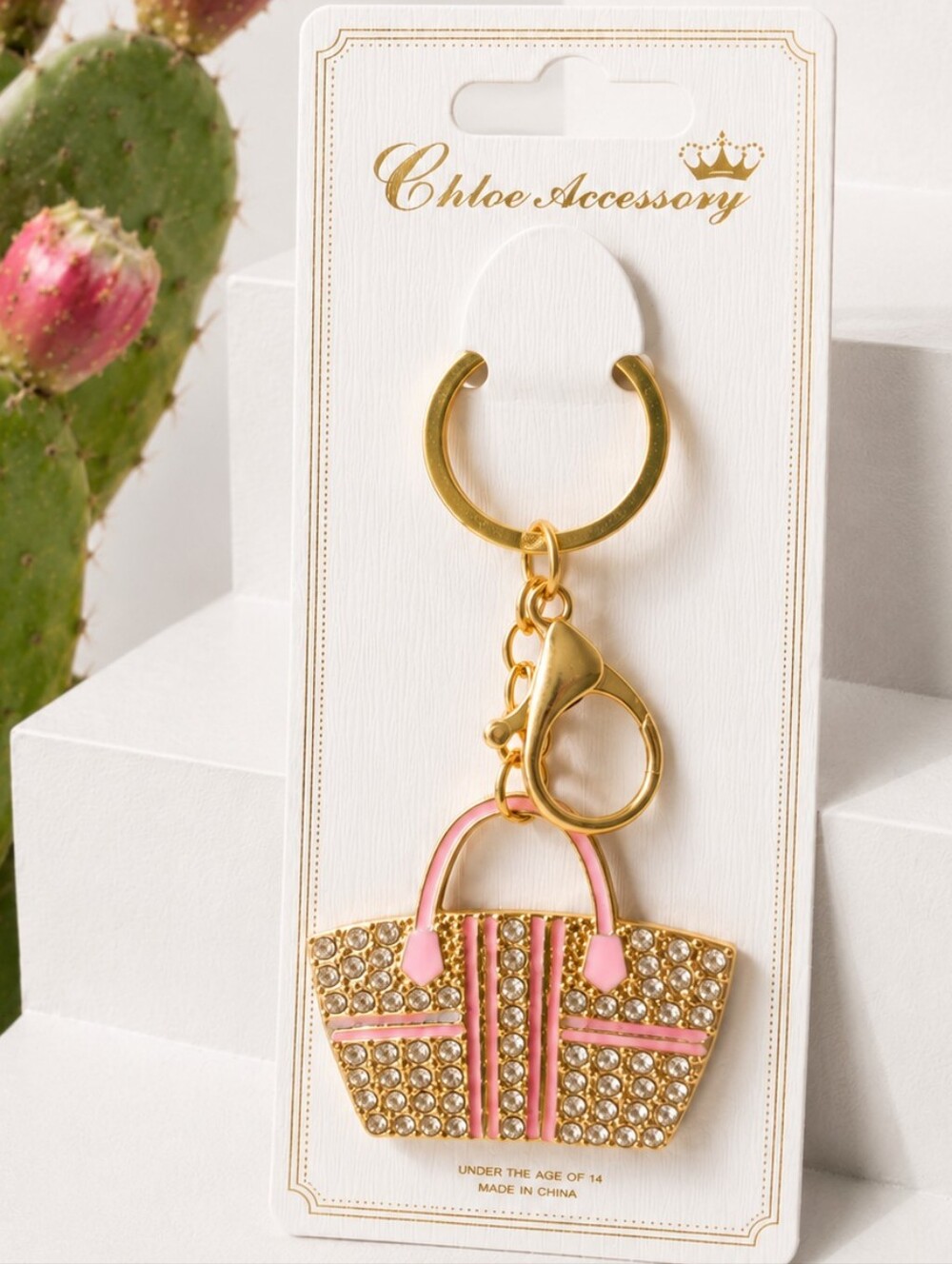 Women's Rhinestone Handbag Keychain Bag Charm Gold Tone Pink Purse Accessories